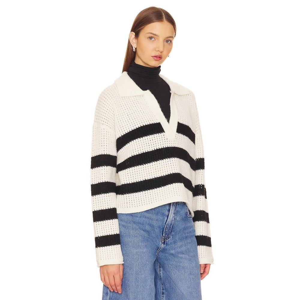 LNA CLOTHING Women's White Black Striped Collared Knit Cropped Sweater‎ Size M